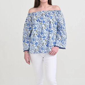New Pomegranate Mila Floral Blue Off The Shoulder Top Women's XS